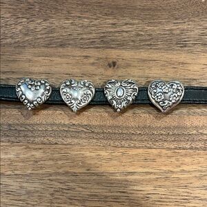 Brighton Black Leather 1994 vintage bracelet with Silver Victorian Hearts